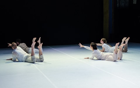 Dancers Carly Berrett Plagianakos, Lea Fulton, Edward Rice, and Simon Thomas-Train in milkdreams.